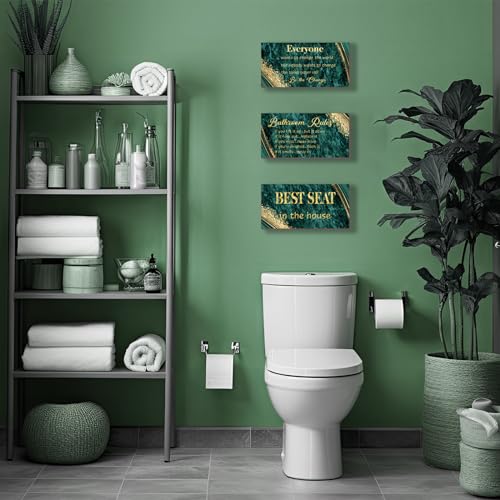 DONFENTHY 3 Pieces Green Gold Bathroom Decor Bathroom Rules Wall Art Green Gold Rules Signs Best Seat in The House Farmhouse Wooden Sign for Toilet Wall Decor (10x5") - color: Green Gold