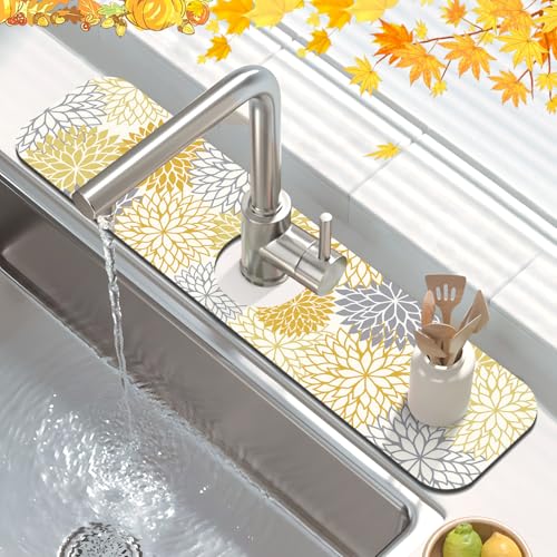 Findosom 2PCS 12" x 20" Fall Dish Drying Mat & 24" x 5.5" Sink Splash Guard, Super Absorbent & Cuttable Dish Mat Drying Kitchen Mat with Yellow Floral, Hide Stain Drying Mat for Kitchen Counter - color: Yellow, size: 12" X 20" + 24" X 5.5"