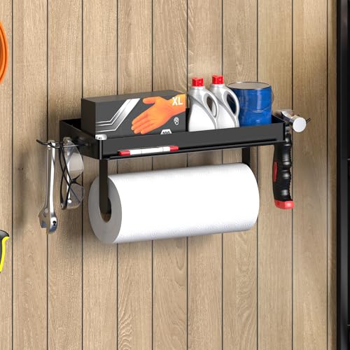 YIGII Wall Mount Paper Towel Holder with Phone Stand, Garage Papertowel Holder with Shelf and 4 Extended Hooks, Heavy Duty Stainless Steel Paper Towel Rack for Garage & Tool Room, Black - color: Black