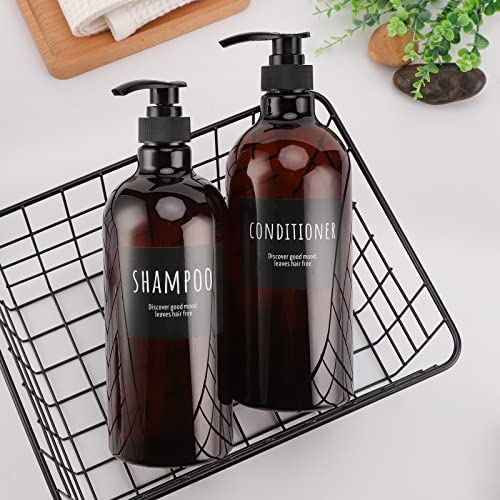 Empty Plastic Bottles with Labels, Segbeauty 33.8oz Large Brown Shampoo Conditioner Reusable Dispenser, 2 Packs of 1000ml Refillable Shower Lotion Pump Press Bottles for Bathroom Hand Soap Body Wash - color: Dark Amber, size: 33.8 oz