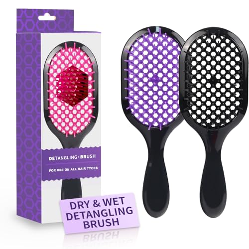 Detangling Brush,2 Pack Detangler Brush, Gentle & Effective Detangling on Wet or Dry Fragile Hair Types,Ultra-light, Detangling Brsuh ventilated and antistatic hairbrush (Black+purple) - color: Black+purple