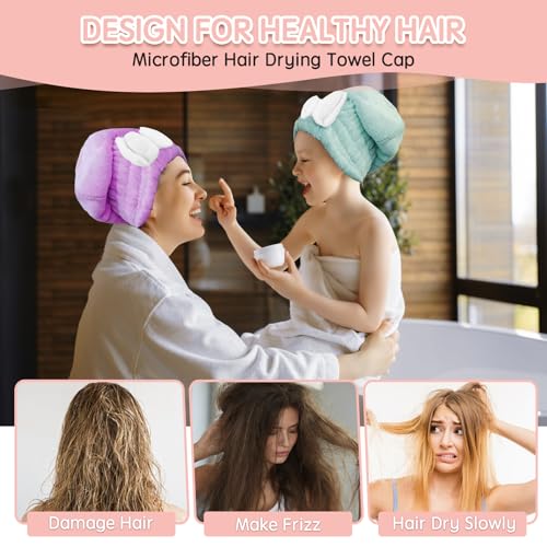 Microfiber Hair Drying Caps, 5-Pack Extra Soft and Ultra Absorbent Fast-Drying Hair Turban Wraps, Shower Caps for Girls and Women with Cute Bowtie Design（11" L x 10" W）