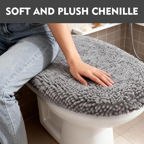 RUN HELIX Bathroom Toilet Lid Cover,Chenille Machine Washable Seat Covers, 17.5x15, Stays in Place Rubber Backing, Fits Most Round, Elongated and Oblong Lids, Accessories Decor, Light Grey - color: Light Grey, size: Lid 17.5"x15"