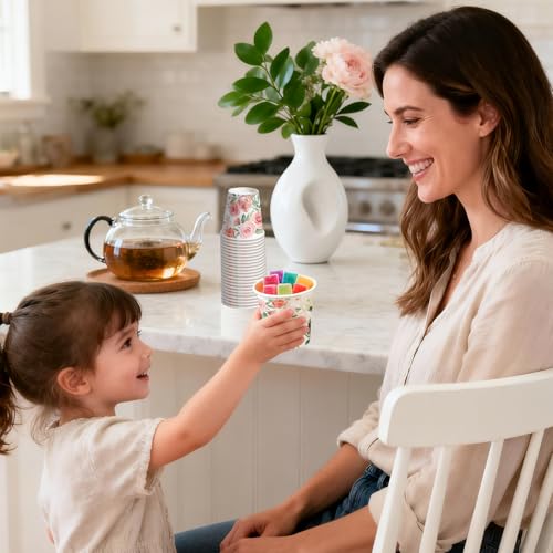WRAPAHOLIC 3oz Flower Paper Cups - 100 Pack Disposable Bathroom Cups with Pink White Rose Floral Design, Small Mouthwash Cup for Toothbrush Rinse, Home Bathroom, Wedding and Mothers Day - color: Pink White Floral