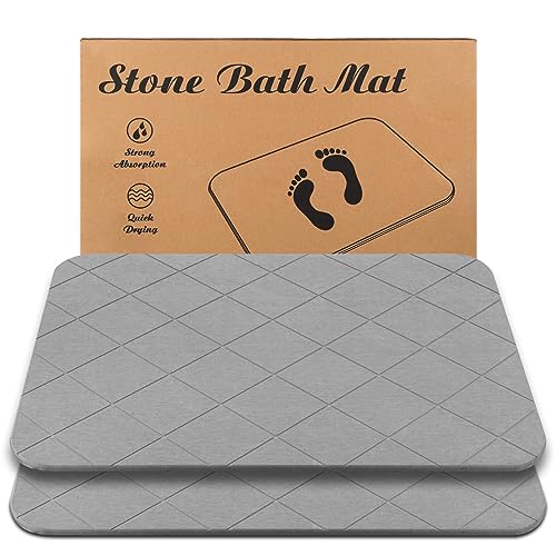 Stone Bath Mat, Diatomaceous Earth Shower Mat, Non-Slip Super Absorbent Quick Drying Bathroom Floor Mat, 2 Pack, Grey, Pattern 2 - color: Grey-chequer