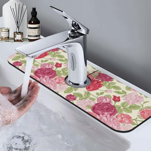 English Rose Flower Floral Pink Red 15" X 5.5" Kitchen Sink Splash Guard Faucet Faucet Guard Draining Mat Sink Splash Guard Faucet Kitchen Bathroom - color: English Rose Flower Floral Pink Red