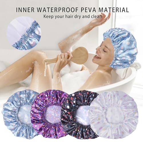 Shower Caps for Women, 4 PCS Elastic and Reusable Bath Caps, Double Layers Shower Cap Reusable Waterproof, Bathing Shower Caps, Environmental Bath Hair Protection Cap - Polka Dots - color: Polka Dots