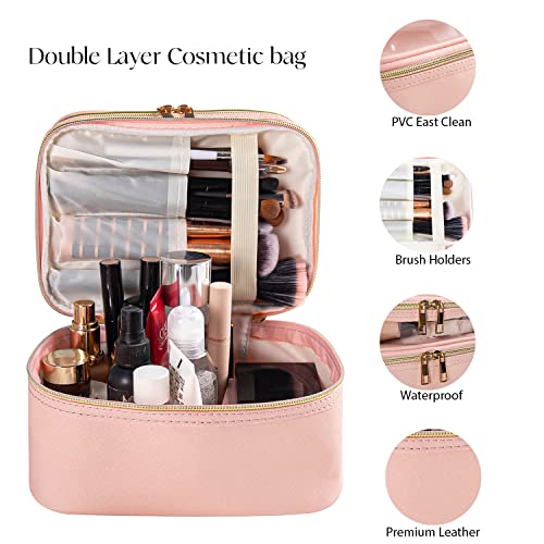 Pink Makeup Bag, Leather Double Layer Makeup Bag,Travel Accessories Toiletry Bag for Women,Travel Essentials Cosmetic Bag - color: 00-Pink