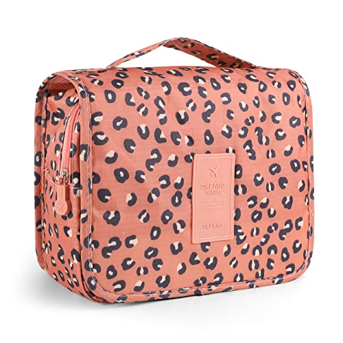 Pengxiaomei Hanging Toiletry Bag, Leopard Orange Waterproof Cosmetic Bag Portable Makeup Pouch Wash Bag with Handle for Women Teen Girl Summer Camp Travel Essentials - color: Orange Leopard