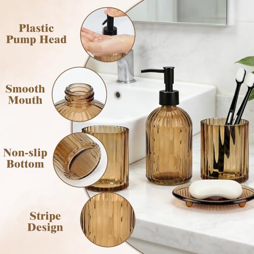 Topsky 4 Pcs Glass Bathroom Accessories Set,13.5oz Liquid Hand Soap Dispenser with Toothbrush Holder,Mouthwash Cup,Soap Dish for Bathroom Countertop,Colored Vertical Stripe Design,Heavy Weight,Amber