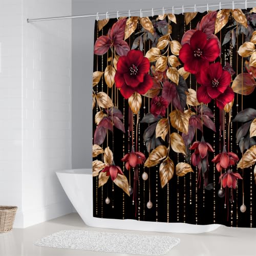 LQCOOL 4Pcs Red Flower Shower Curtain Set, Waterproof Bathroom Sets, Abstract Botanical Bathroom Sets with Shower Curtain and Rugs, Shower Curtain with 12 Hooks - color: Red Black