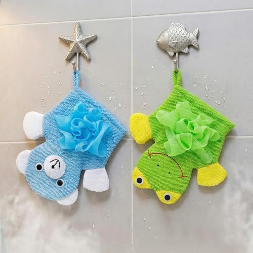 Cute Bath Gloves Loofah - 2 PCS Kids Animal Bath Gloves Body Scrubber, Double-Side Exfoliating Shower Sponges, Washcloths Mitts for Gentle Soft and Easy to Lather (Bear Frog)