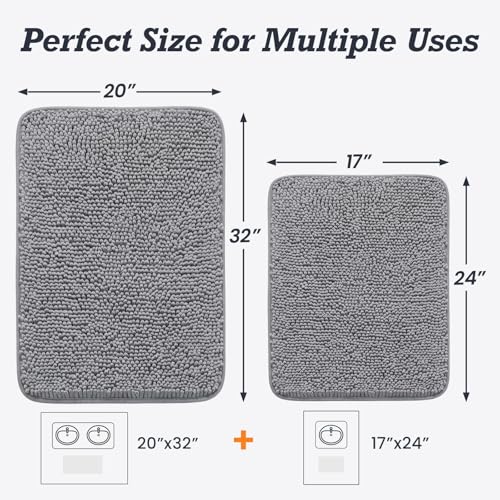 HUXMEYSON Bathroom Rugs Set 2 Piece, Ultra Absorbent Chenille Non Slip Bathroom Mat Set - 17'' x 24'' Plush Bathroom Rug & 20'' x 32'' Extra Soft Bath Mat - Machine Washable, Grey - color: Grey, size: 24" x 17" + 32" x 20"