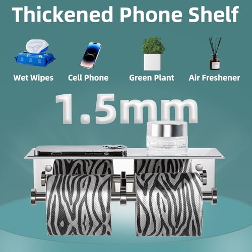 Double Toilet Paper Holder with Shelf Polished Chrome, APLusee SUS304 Stainless Steel Contemporary Bathroom Tissue Roll Holder Cell Phone Storage Rack - color: Polished Chrome, size: Double Rod