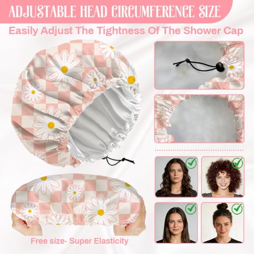 Pink Daisy Reusable Shower Cap Buffalo Check Double Layer Waterproof Shower Caps Large Elastic Hair Cover Adjustable Hair - Drying Caps for Woman Bath SPA Travel One Size Fits Most - color: Pink Daisy