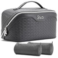 BOYATU Travel Makeup Bag Cosmetic Bags for Women: Large Capacity 3 Pcs Set Make up Bag with Compartments - Waterproof Vegan Leather Toiletry Organizer Bags with Handle (L07Grey) - color: L07Grey