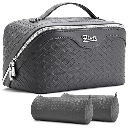 BOYATU Travel Makeup Bag Cosmetic Bags for Women: Large Capacity 3 Pcs Set Make up Bag with Compartments - Waterproof Vegan Leather Toiletry Organizer Bags with Handle (L07Grey) - color: L07Grey