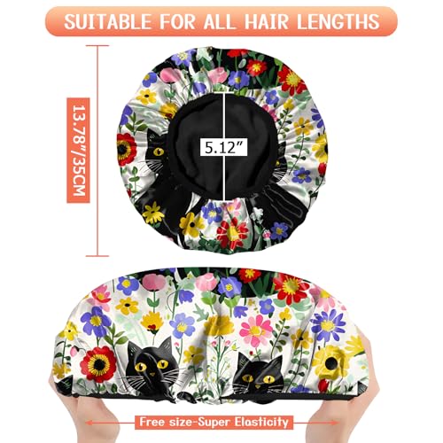 Luxury Shower Cap Terry Lined Reusable Triple Layer Waterproof Hair Elastic Caps Shower Bath Hat for Women Girls Cute Aesthetic-Flower Black Cat - color: AL6-Flower Black Cat