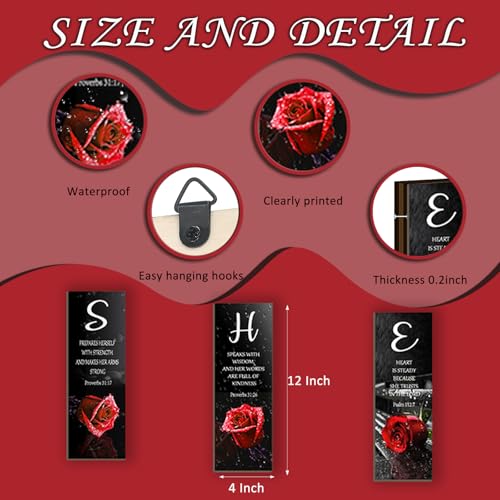 3 Pieces Red Bedroom Decor Red Rose Women Bedroom Wooden Red Bathroom Inspirational Office Decor With SHE Religious Words Signs For Women Kitchen Home(Red Rose 12x4Inch) - color: Red