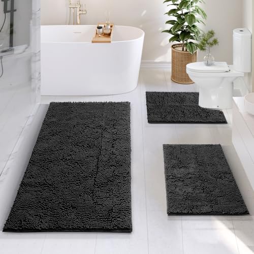 Hearth & Harbor Bathroom Rugs, Chenille Bath Mat - Machine Washable Bath Mats for Bathroom Non-Slip Backing Rubber, Quick Dry Mat - Black Bath Rug, 17x24-26x44-20x24 - color: Black, style: 17x24 / 26x44 / 20x24