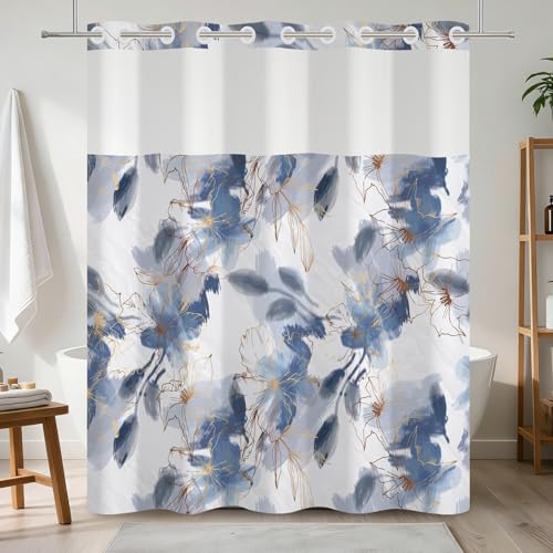 No Hook Floral Shower Curtain with Snap in Liner 71x74 Inch | Blue Watercolor Flower with Gold Line Art, Shower Curtains for Farmhouse Bathroom, Waterproof Fabric with Mesh Top Window - color: Blue and Gold Floral