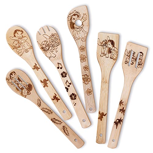 Stitch Wooden Cooking Utensils Set, 6-Piece Wooden Spoons and Spatulas for Cooking, Cartoon Style Kitchen Decor, Heat Resistant Tools for Nonstick Cookware, Housewarming Gift for Men and Women