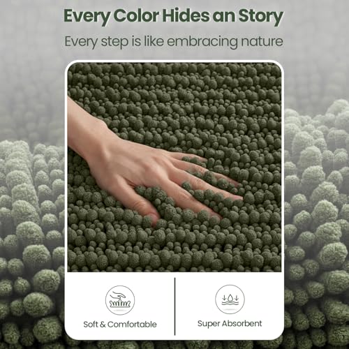 DEXI Bathroom Rug 16x24, Super Soft Thick Chenille Absorbent Bath Mat, Non Slip Machine Washable Fluffy Shag Bathmat for Tub, Shower Floor, Olive Green
