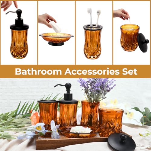 Bathroom Accessories Set,5 Pcs Amber Glass Bathroom Accessory Set, Complete Lotion Soap Dispenser, Toothbrush Holder, Soap Dish, Tumbler & Jar, Modern Bathroom Decor Sets Gift,Round - style: Round(Amber)