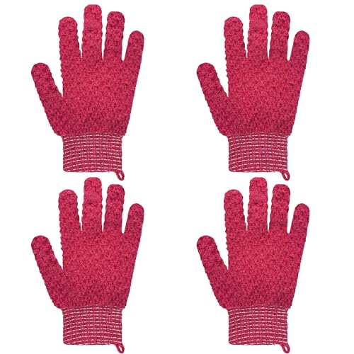 Exfoliating Bath Gloves 2 Pairs - Heavy Texture Body Scrub Gloves for Shower, Spa, Massage and Body Scrubs, Dead Skin Remover, Washing Gloves with Hanging Loop(Dark Pink) - color: Pink1