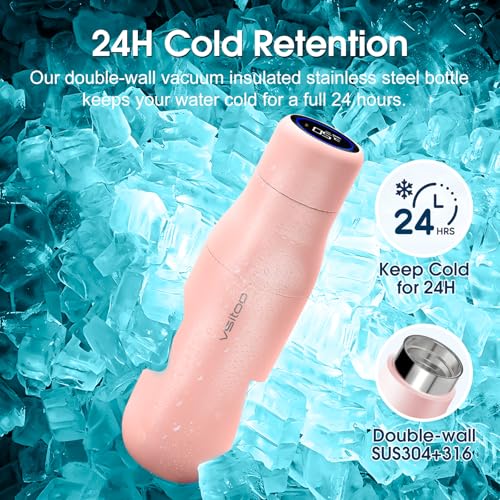 VSITOO S1 15oz Mini Insulated Stainless Steel Self-Cleaning Water Bottle | Mini 15oz Insulated Bottle for Purses & School Bags, With Auto Self-Cleaning, Touchscreen, 30-Day Battery & 24H Cold - color: Pink, size: 14.8 Ounces