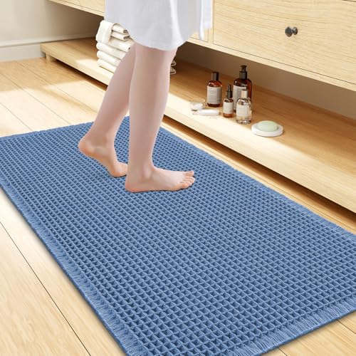 Smiry Waffle Bath Mat 47x24, Extra Soft Absorbent Bathroom Rugs, Non Slip Machine Washable Quick Dry Bath Rugs for Bathroom Floor, Tub, Shower, Home Decor Accessories, Blue - color: Blue, size: 47" X 24"