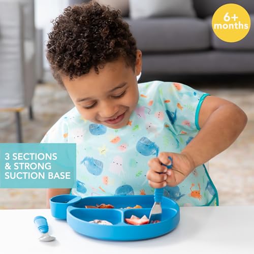 Bumkins Toddler and Baby Suction Plate, Silicone Divided Grip Dish for Babies and Kids, Baby Led Weaning, Children Feeding Supplies, Non Skid Bottom, Platinum Silicone, 6 Mos Up, Blue and Dark Blue - color: F6 Blue, Dk Blue-GD