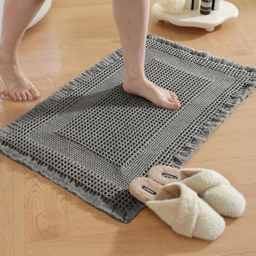 Waffle Bath Mat - Super Water Absorbing Bath Mat Quick Dry, Bathroom Rugs Non Slip Washable with Tassels, Rubber Backed Bathroom Mat for Bathroom Floor, Tub and Shower, 17" x 24", Dark Grey - color: Dark Grey, size: 17" x 24"