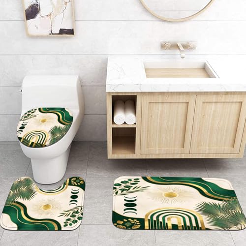 LQCOOL 4Pcs Boho Shower Curtain Set, Green Leaf Bathroom Sets, Waterproof Bathroom Sets with Shower Curtain and Rugs, Shower Curtain with 12 Hooks - color: Black Gold