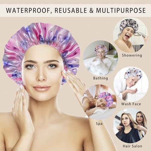 4 PCS Shower Caps for Women, 3D Printing Bath Caps, Double Layers Shower Cap Reusable Waterproof, Bathing Shower Caps, Environmental Protection Hair Bath Hat - Flower C - color: 3D Flower C 4 PCS/Set