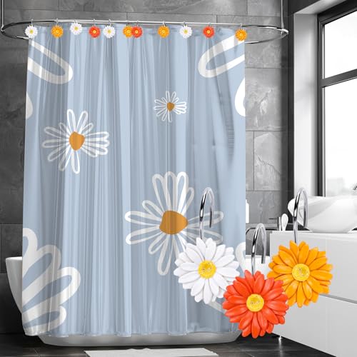 Whaline 12 Pcs Daisy Flower Shower Curtain Hooks Floral Shower Rod Rings Decorative Resin Curtain Hanger Hooks for Spring Summer Living Room Bedroom Bathroom Decor - color: Orange White