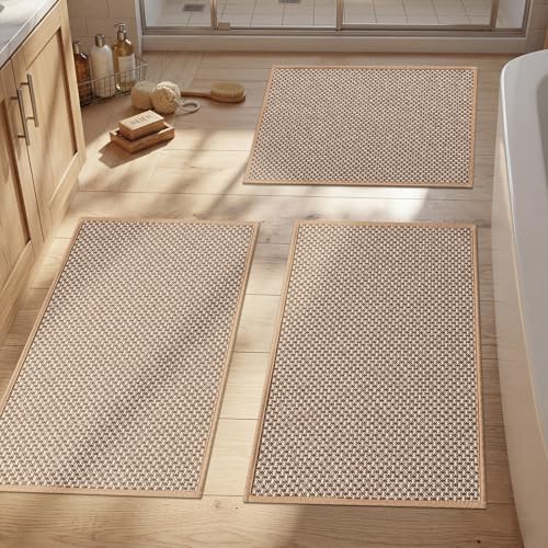 YIHOUSE Thin Bath Mat Khaki Bathroom Rugs Sets 3 Pieces, Non Slip Absorbent Bath Mats Quick Dry, Woven Braided Rugs Washable,Tapetes para Baño for Bathroom,Bathtub(17"x24"+17"x32"+17"x32") - color: Khaki, size: 3Pieces(17"x24"+17"x32"+17"x32")