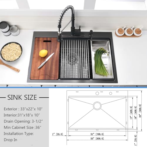33 Inch Black Drop In Kitchen Sink Workstation - VOKIM 33x22-Inch Drop In Sink Stainless Steel Top Mount 16 Gauge Single Bowl 10'' Deep Handmade Kitchen sink with Cutting Board& Strainer - color: Black, size: 33"L x 22"W x 10"D