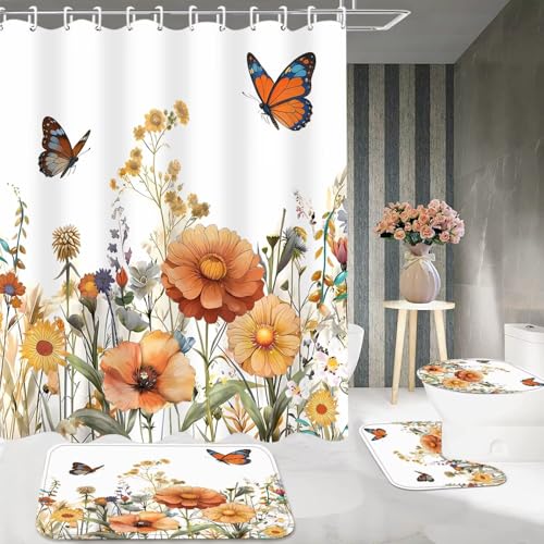DDQQ 4Pcs Yellow Floral Shower Curtain Set Butterfly Bathroom Sets with Rugs, Flower Shower Curtain with 12 Hooks Bathroom Decor with Rugs Bath Accessories with Mats Toilet Lid Cover - color: Brown