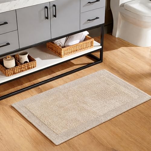 Cotton Reversible Bathmats 20"X32" Beige – 100% Cotton Bath Mat, Anti?Skid, Soft & Absorbent Bathroom Rug for Shower, Tub & Entryway - color: Beige, size: 20"X32" - Reversible