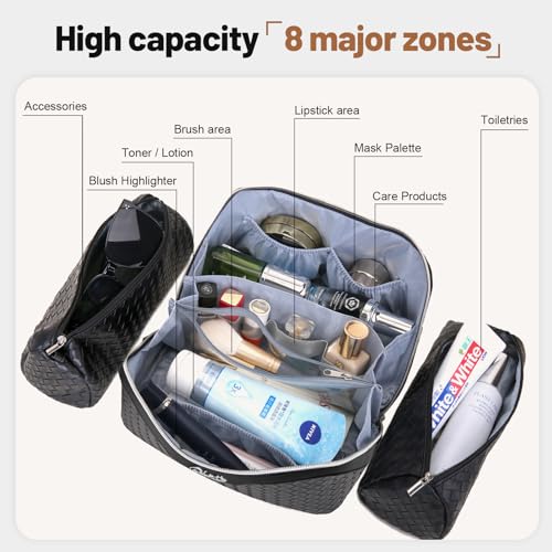 BOYATU Travel Makeup Bags for Women: 3 Pcs Large Make up Bags Set - Vegan Leather Cosmetic Bag for Traveling - Waterproof Toiletry Organizer (L05 Black) - color: L05 Black