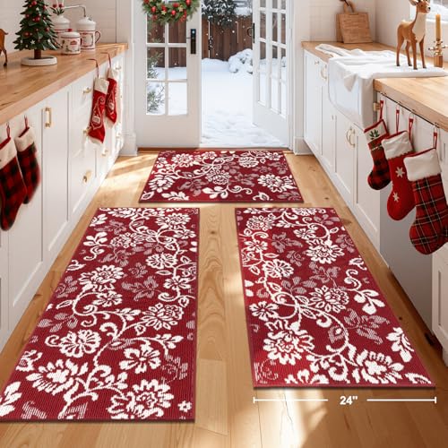 LOKHOM Kitchen Rugs Sets of 3, Non Slip High-Low Textured Red Kitchen Mats for Floor with Rubber Backing, Paisley Floral Washable Carpet Runner for Hallways Sink Holiday Decor (Red & White) - color: Red, size: 24"x35"+24"x48"+24"x60"
