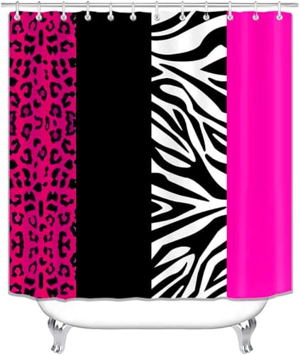 4PCS Leopard Print Shower Curtain Set with Rug, Toilet Lid Cover and Bath Mat, Pink Black Splice Shower Curtain with 12 Hooks, Shower Curtain for Bathroom Decor Set - color: Pink