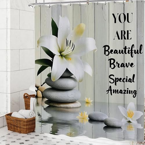 Zen Stone Spa Shower Curtain Set Lotus Motivational Inspirational You are Shower Curtains Meditation Relaxing Yoga Positive Quotes Rustic Floral Bathtub Bathroom Decor 60x72 Inch - color: Zen Floral