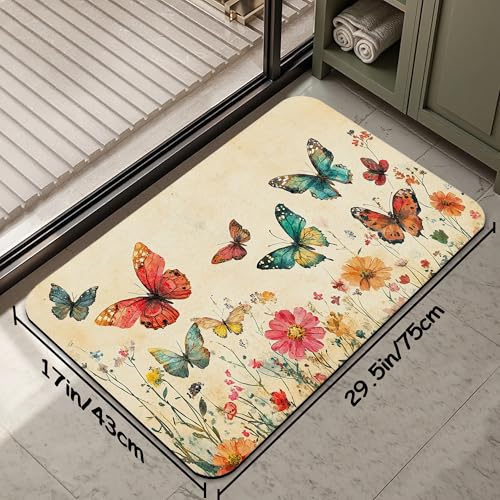 Retro Butterfly Flowers Bathroom Rug 29.5"x17", Super Absorbent Fast Drying Bath Mat with Non-Slip Rubber Backing, Thin Low-Profile Easy-Clean Bathroom Floor Mat for Shower or Tub - color: Retro Butterfly Flowers