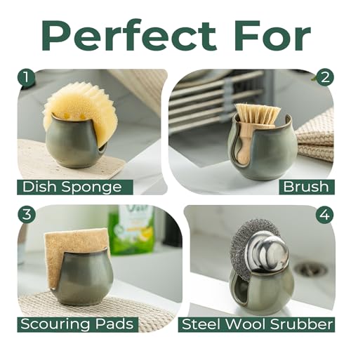 Zoeeker Sponge Holder for Kitchen Sink, Ceramic Dish Sponge Caddy Drying Rack Farmhouse Brush Holder Scrubby Organizer for Bathroom, Kitchen, Dark Green - color: Dark Green, size: Barrel-type