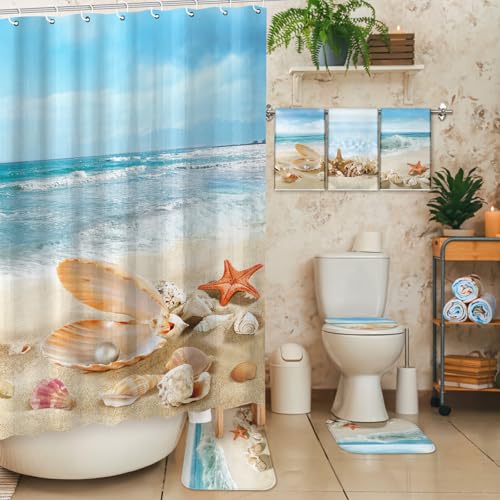 FuWeave 8 Pcs Summer Beach Shower Curtain Set Bathroom Decor Sea Ocean Waterproof Bathroom Accessories Shower Curtain Sets with Towels Carpet Bath Mat Toilet Rugs and 12 Hooks - color: Beach