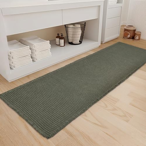 ZALL Waffle Bath Mat,Super Absorbent Non Slip Long Bathroom Runner Rug,Dark Green 24X72inch,Machine Washable Ultra Soft Floor Mats - color: Dark Green, size: 24 x 72 inches(Rectangular)