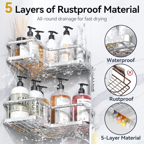 YASONIC Corner Shower Caddy Organizer, Self-Adhesive Rustproof Bath Shelves with Soap Holder & 4 Hooks, Large Capacity Shower Storage Rack for Bathroom Organization, (3Pack, Silver) - color: Silver