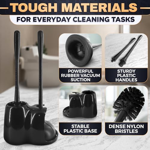 2-in-1 Black Toilet Brush and Plunger Set with Holder – Compact Bathroom Cleaning Combo, Strong Rubber Plunger & Stiff Bristle Brush, Space-Saving Stand, Fits Most Standard Toilets, 9.3×6.3×15.2 inch - color: Black